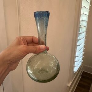 Vintage Mexican Handblown Glass Vase Carafe Decor With Blue Rim